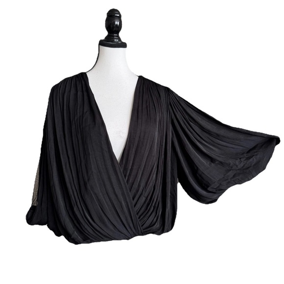 BANANA REPUBLIC $100 CROPPED WRAP PLEATED BLOUSE Black Balloon 3/4 Sleeves SZ XL - Picture 3 of 8